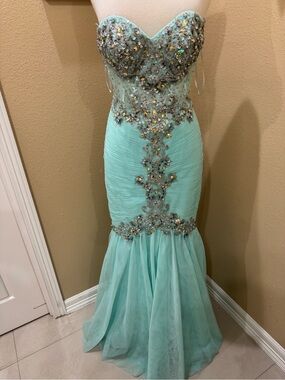 Strapless Mint Mermaid Evening Gown with Crystal Embellishment
